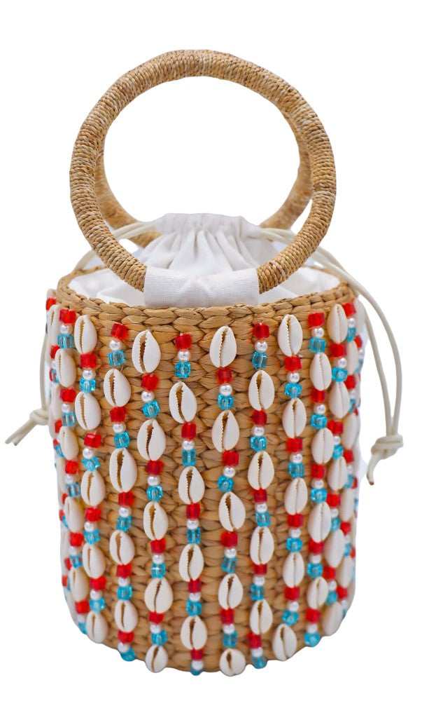 Women's Summer Straw Braided Basket Bag Open-top Petit Bucket Handbag Round  Handle Crystal Embellishment